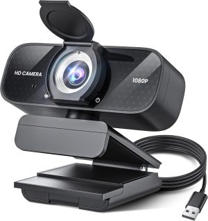 Full HD 1080P Webcam with Built-in Mic Wide Angle & Auto Focus Privacy Cover for PC/Laptop Plug & Play USB Camera Black