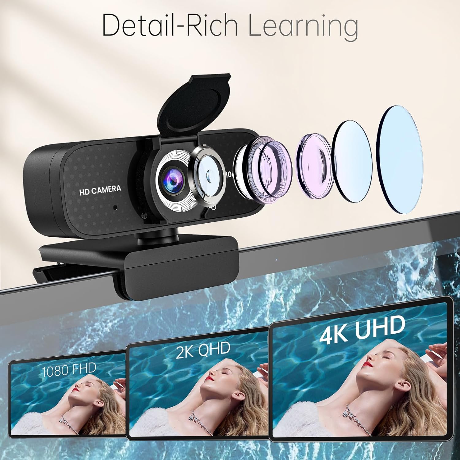 Full HD 1080P Webcam with Built-in Mic Wide Angle & Auto Focus Privacy Cover for PC/Laptop Plug & Play USB Camera Black - Image 2