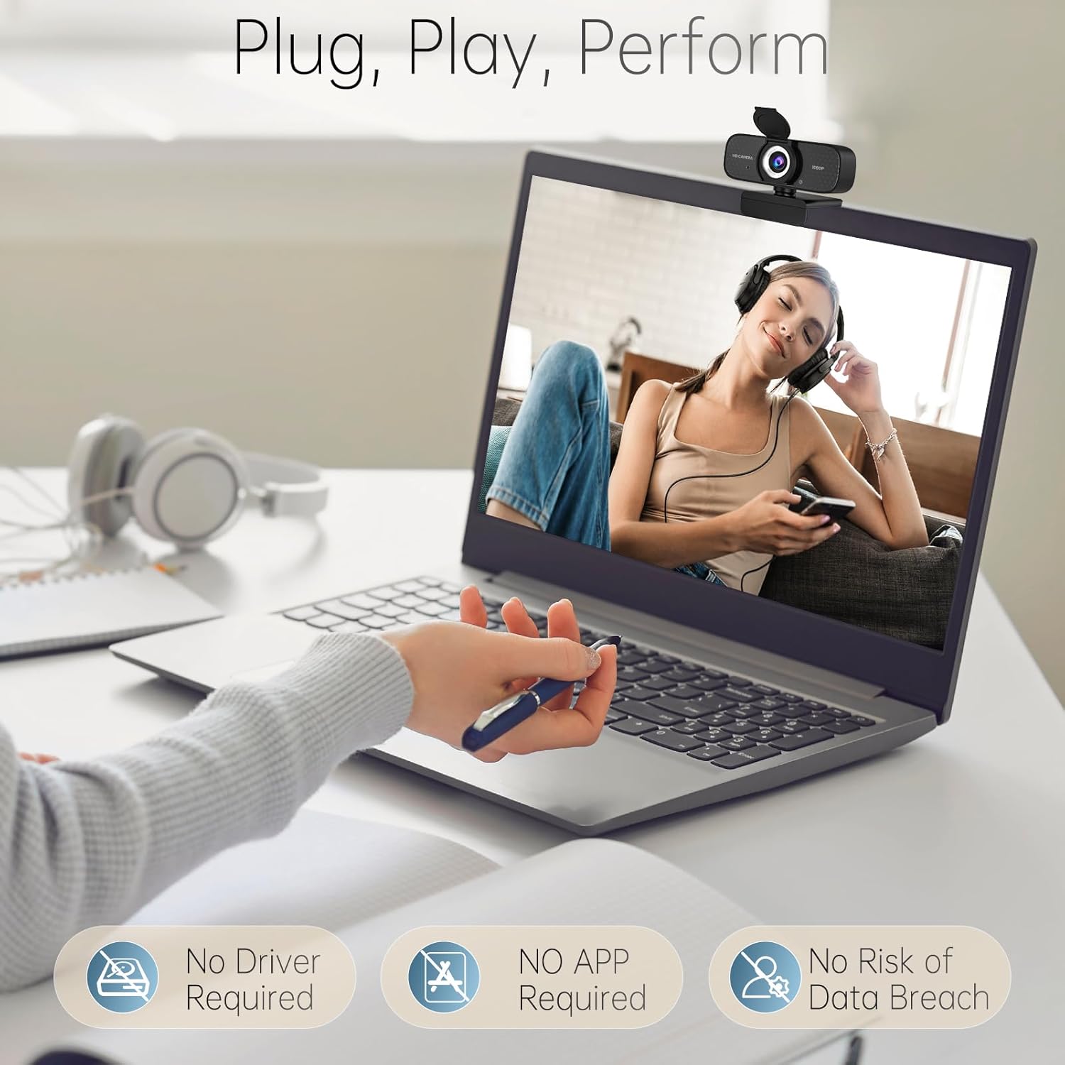 Full HD 1080P Webcam with Built-in Mic Wide Angle & Auto Focus Privacy Cover for PC/Laptop Plug & Play USB Camera Black - Image 4