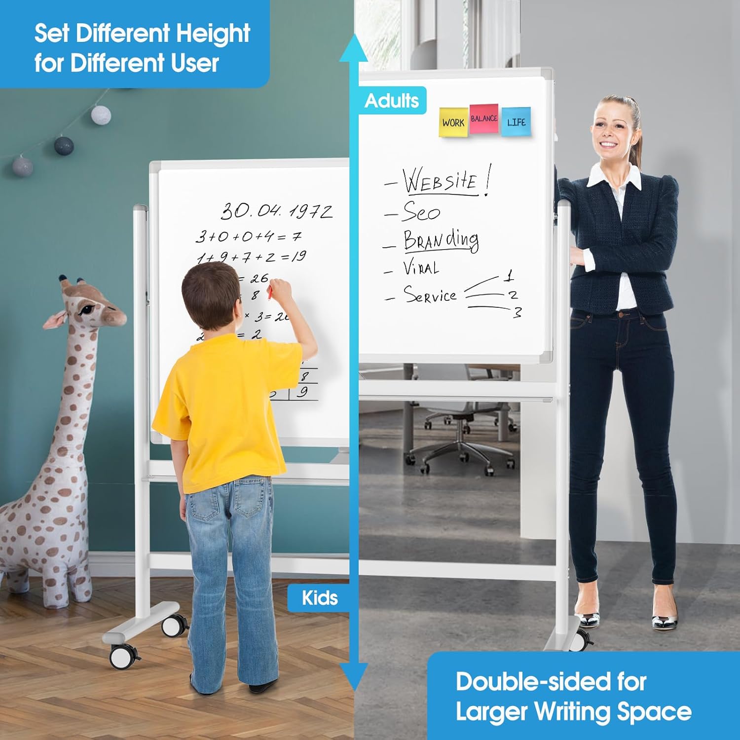 MaxGear Premium Large Rolling Whiteboard on Wheels, 48" x 32" Double-Sided Magnetic Dry Erase Board with Stand, Reversible Mobile Whiteboard with Aluminium Frame and Stand for Office, School - Image 4