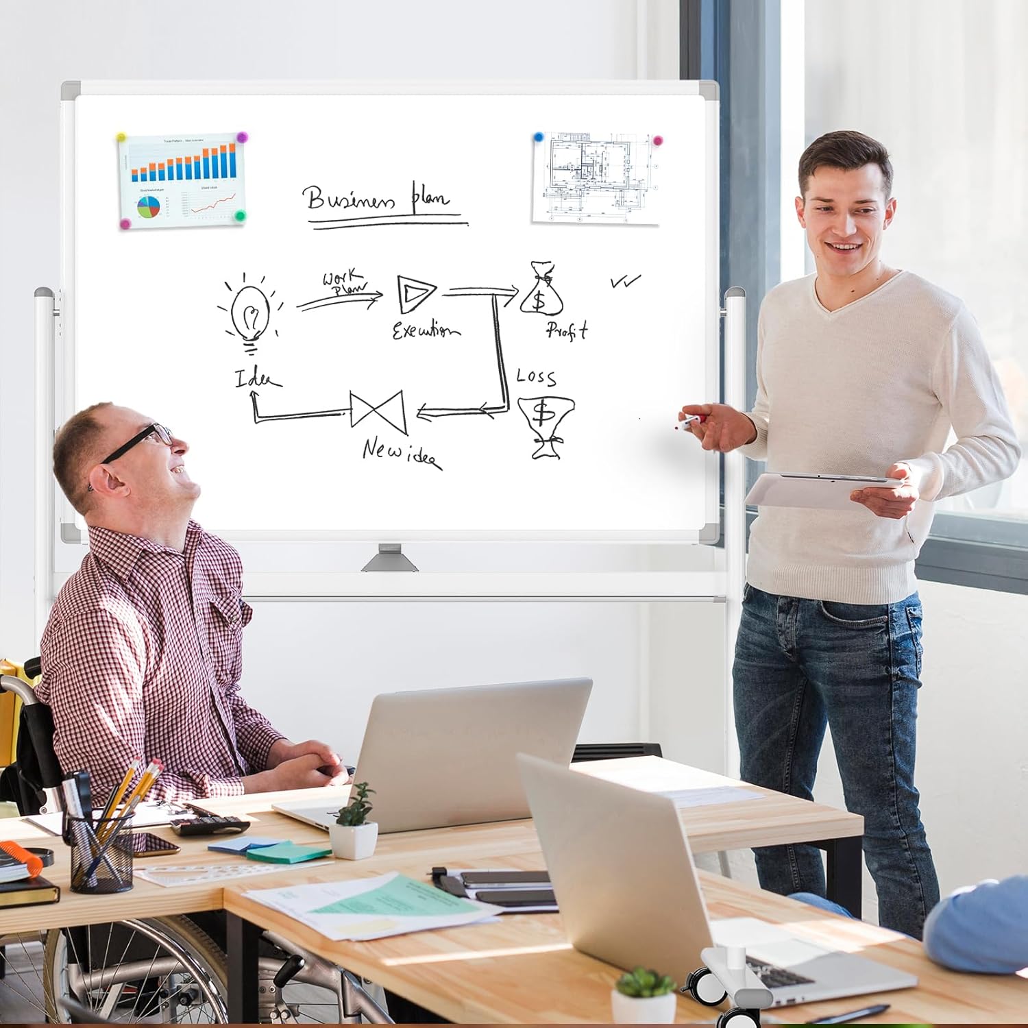 MaxGear Premium Large Rolling Whiteboard on Wheels, 48" x 32" Double-Sided Magnetic Dry Erase Board with Stand, Reversible Mobile Whiteboard with Aluminium Frame and Stand for Office, School - Image 7