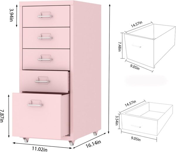 MIOCASA 5 Drawer Metal File Cabinet Mobile Underdesk Chest for Home Office (Pink) - Image 3