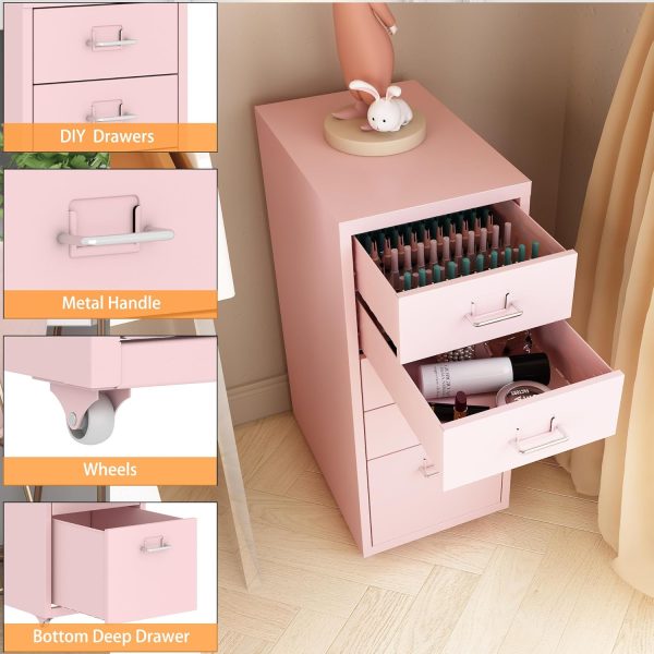 MIOCASA 5 Drawer Metal File Cabinet Mobile Underdesk Chest for Home Office (Pink) - Image 7