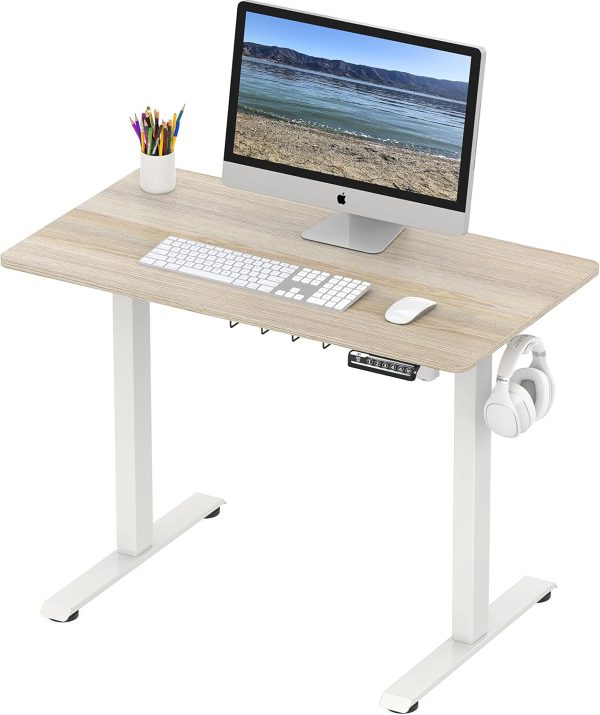SHW Small Electric Height Adjustable Sit Stand Desk with Hanging Hooks and Cable Management, 40 x 22 Inches, White Frame and Maple Top