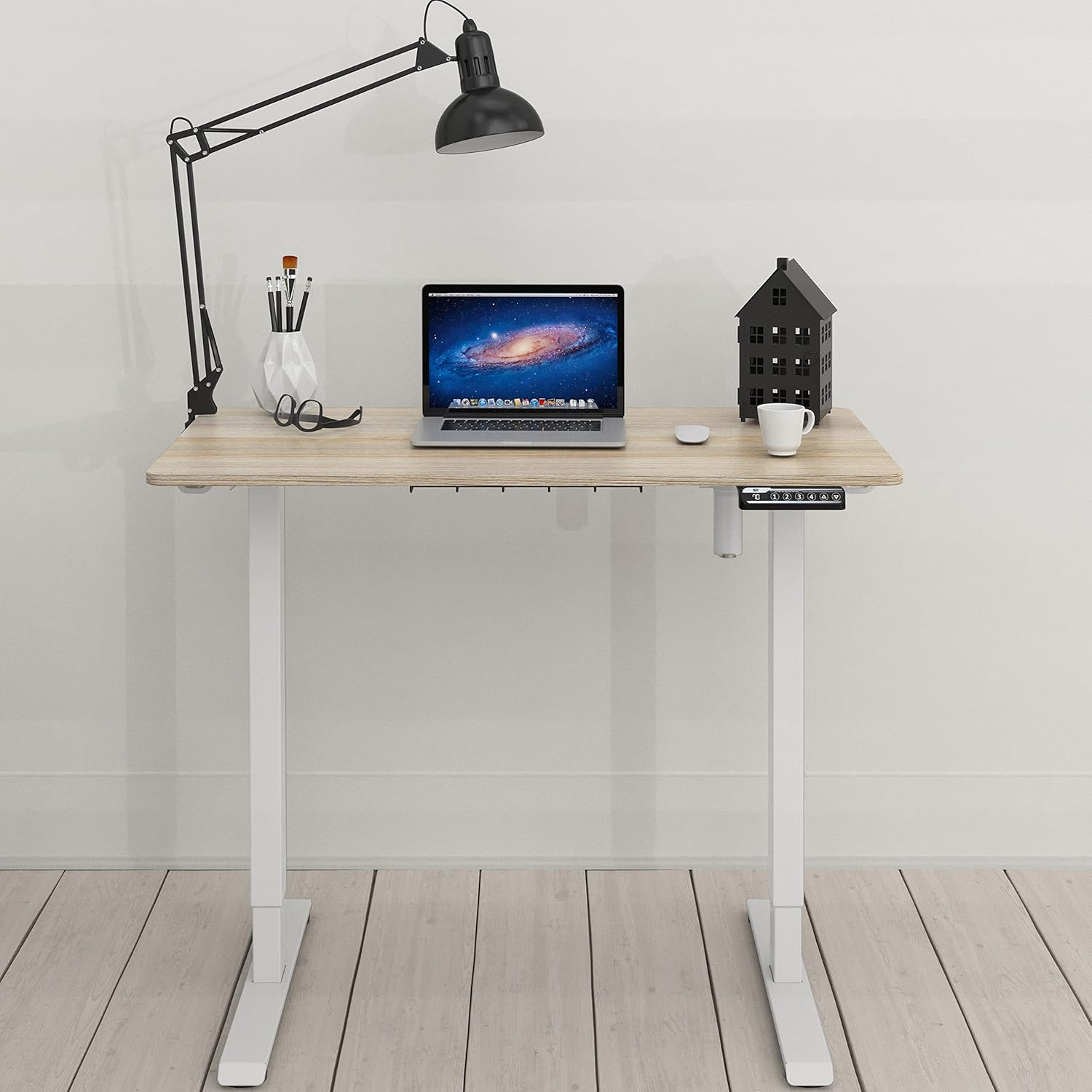 SHW Small Electric Height Adjustable Sit Stand Desk with Hanging Hooks and Cable Management, 40 x 22 Inches, White Frame and Maple Top - Image 2