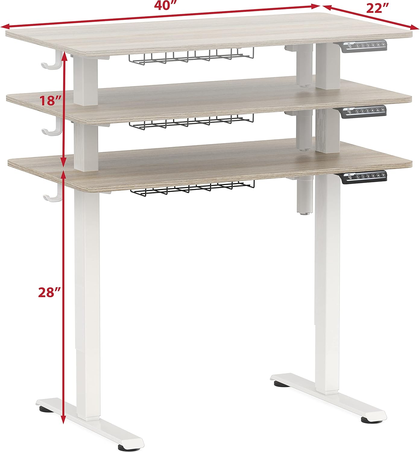 SHW Small Electric Height Adjustable Sit Stand Desk with Hanging Hooks and Cable Management, 40 x 22 Inches, White Frame and Maple Top - Image 3