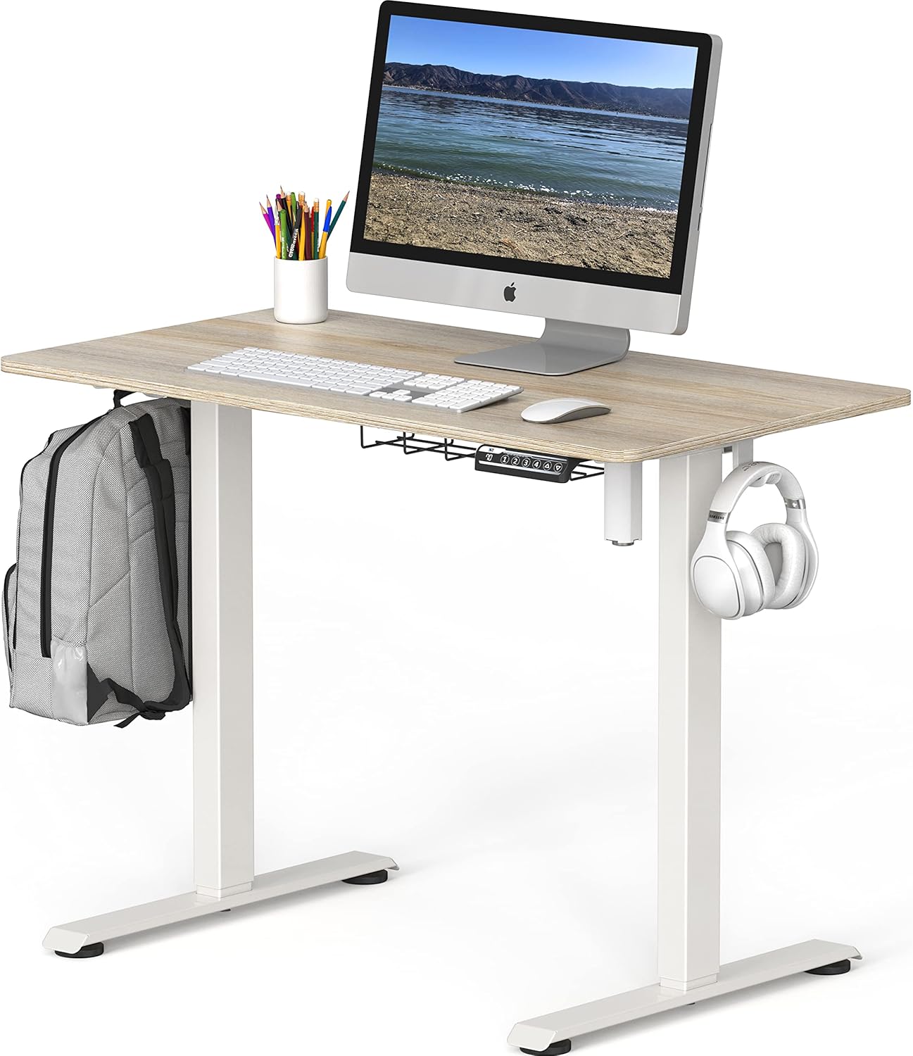 SHW Small Electric Height Adjustable Sit Stand Desk with Hanging Hooks and Cable Management, 40 x 22 Inches, White Frame and Maple Top - Image 4