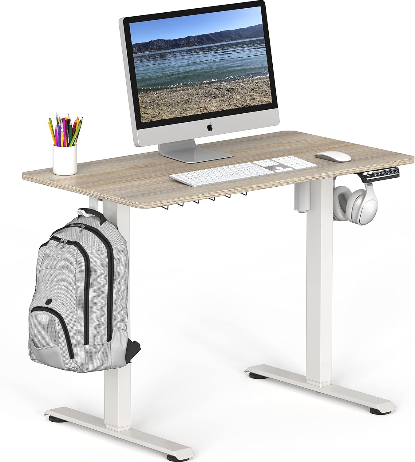 SHW Small Electric Height Adjustable Sit Stand Desk with Hanging Hooks and Cable Management, 40 x 22 Inches, White Frame and Maple Top - Image 5