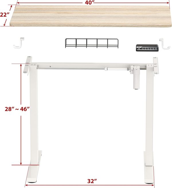 SHW Small Electric Height Adjustable Sit Stand Desk with Hanging Hooks and Cable Management, 40 x 22 Inches, White Frame and Maple Top - Image 6