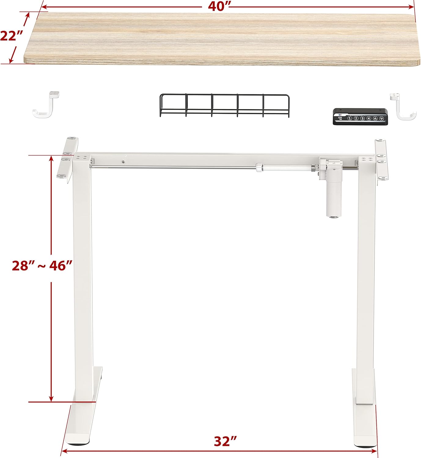 SHW Small Electric Height Adjustable Sit Stand Desk with Hanging Hooks and Cable Management, 40 x 22 Inches, White Frame and Maple Top - Image 6